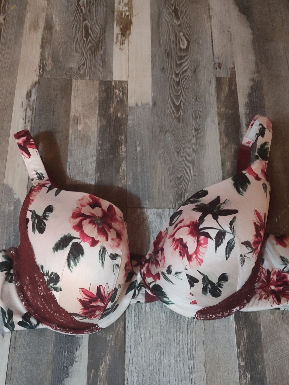Cacique Sz 42DD Floral Lace-Trim Blush and Burgundy Underwire T-shirt Bra